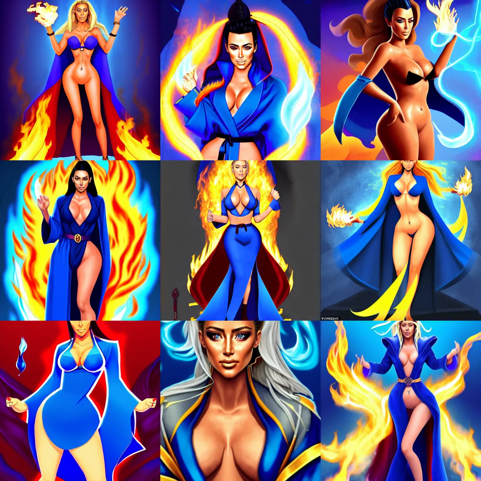 Prompt: Who : a mage with a blue robe casting a fire ball ; Face and hair : Amber Heard ; Body type : Kim Kardashian ; Clothes : covering ; IMPORTANT : SakimichanSakimichanSakimichanSakimichan official splash art, award winning, trending in category \'hyperdetailed\'