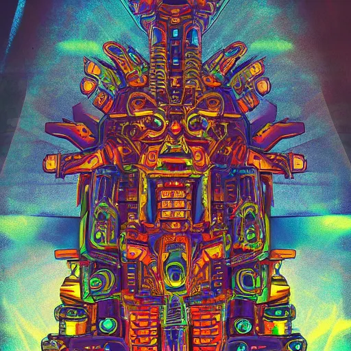 Prompt: totem to the machine god, symmetrical, coherent, hyper detailed, far shot, ominous lighting, colorful