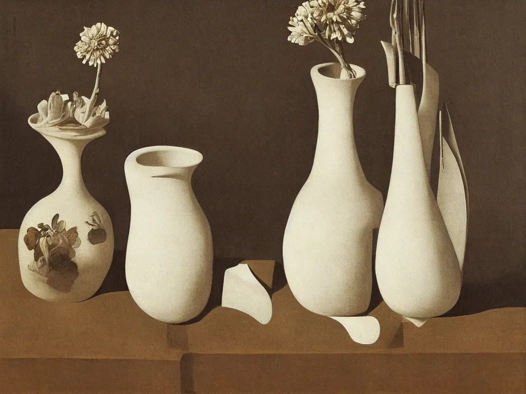 Prompt: Still life with white vase, ceramic pot, dried flower, hand holding a knife, absurd architectural model. Painting by Zurbaran, Karl Blossfeldt, Morandi, Escher