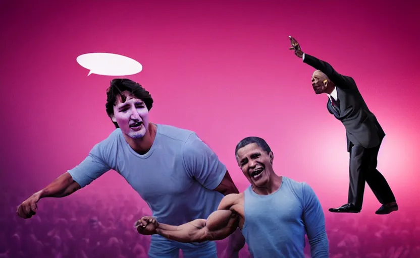 Image similar to Justin Trudeau getting smacked by a giant bodybuilder Obama, By Beeple