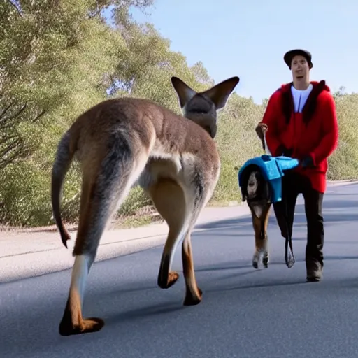 Image similar to Pete Davidson!!! walking a kangaroo, still from a 4k movie,