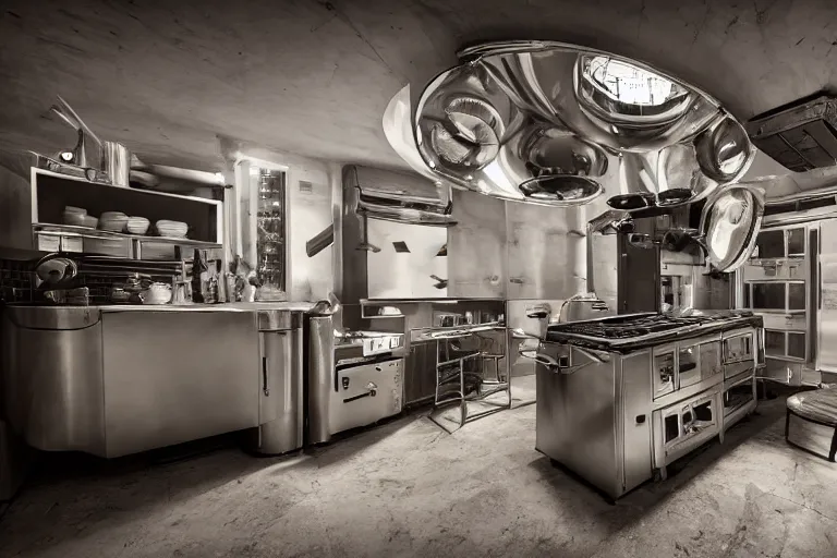 Prompt: a kitchen with kitchenisle by peter vetsch, dieselpunk design, streamlined, aluminium hull, metal, iron, photography, promotional photoshoot, zeiss!!! lens, canon eos, redmagic - cinema, design, studio lighting, 8 k, high detail