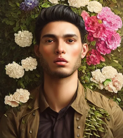 Prompt: portrait of a peruvian male model, surrounded by flowers by karol bak, james jean, tom bagshaw, rococo, trending on artstation, cinematic lighting, hyper realism, octane render, 8 k, hyper detailed.