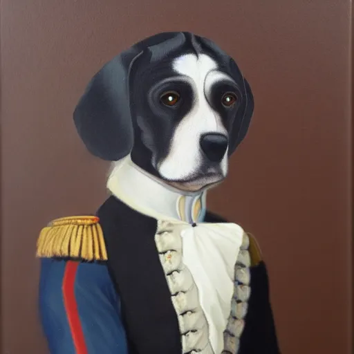 Prompt: oil painting of a black beagle, dressed like napoleonic officer