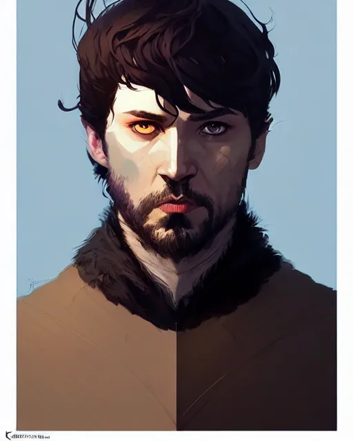 Image similar to portrait of raven male lord from game of thrones with dark hair and golden eyes, by atey ghailan, by greg rutkowski, by greg tocchini, by james gilleard, by joe fenton, by kaethe butcher, dynamic lighting, gradient light blue, brown, blonde cream and white color scheme, grunge aesthetic