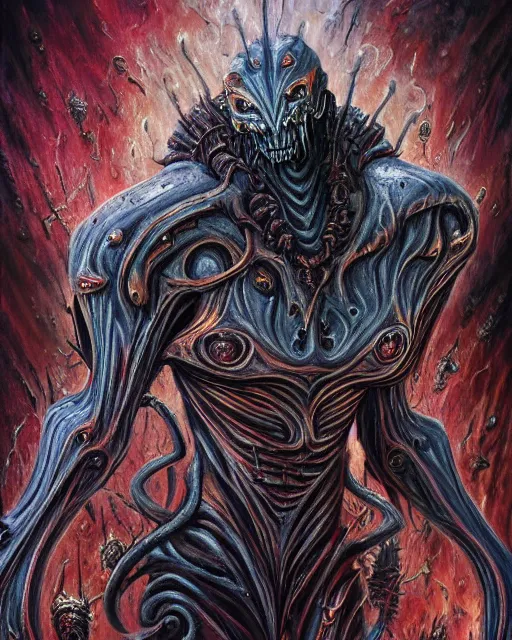 Image similar to charred bloody fleshmetal cyborg daemonhost psychedelic flamer of tzeentch, by antonio j. manzanedo, giger, alex grey, android jones, wayne barlowe, philippe druillet, raymond swanland, cyril rolando, josephine wall, harumi hironaka, cronenburg, trending on artstation