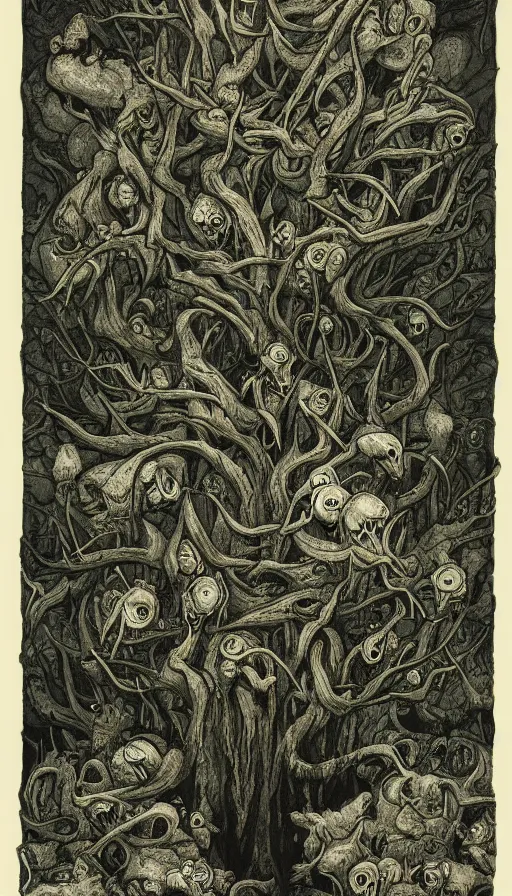Prompt: a storm vortex made of many demonic eyes and teeth over a forest, by james jean,