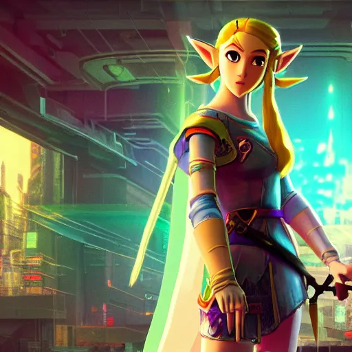 Image similar to high quality photo of princess zelda in a cyberpunk cyberpunk cyberpunk city realism 8k award winning photo