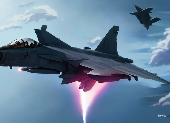 Image similar to portrait of figther jet evading, clear sky background, illustration concept art anime key visual trending pixiv fanbox by wlop and greg rutkowski and makoto shinkai and studio ghibli and kyoto animation, dcs world falcon bms, super hornet, strike eagle, symmetrical, volumetric lighting, transparent black windshield