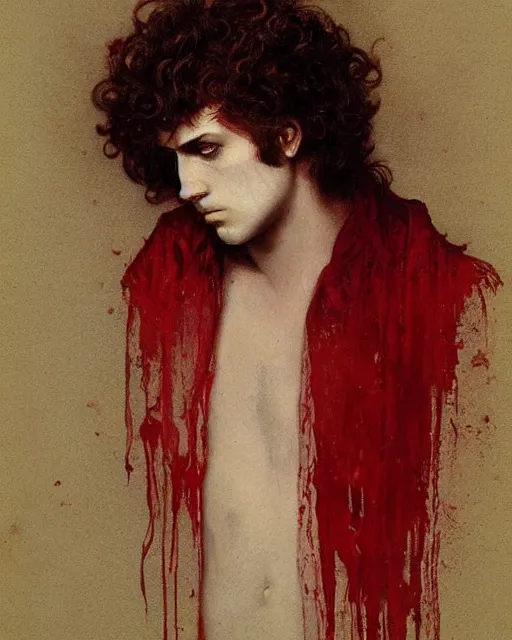 Image similar to a beautiful but sinister young man in layers of fear, with haunted eyes and curly hair, 1 9 7 0 s, seventies, delicate embellishments, a little blood, crimson, painterly, offset printing technique, by alexandre cabanel