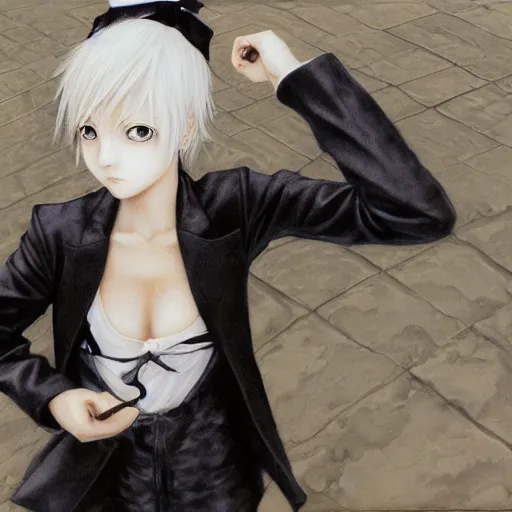 Image similar to Yoshitaka Amano realistic illustration of an anime girl with short white hair and black eyes wearing tuxedo, black and white battle background from Earthbound game, film grain effect, highly detailed, Renaissance oil painting
