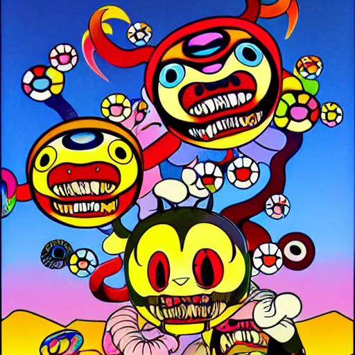 Prompt: Three demons flying up from a desert canyon in the style of Takashi Murakami