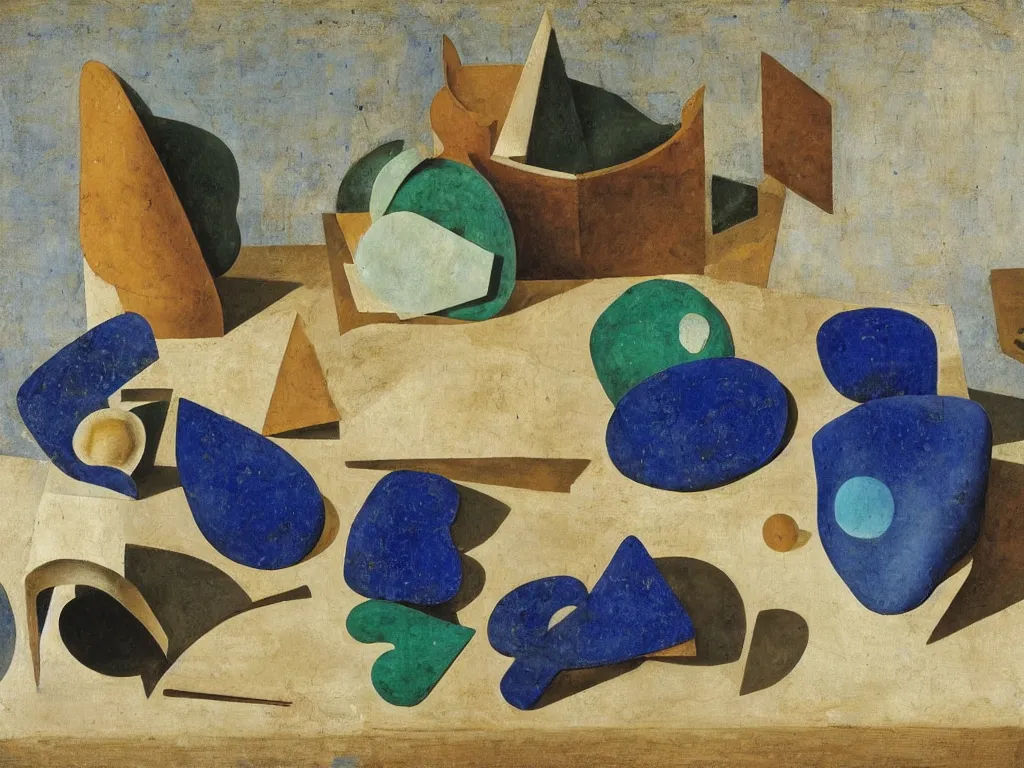 Image similar to still life with book and hans arp sculpture. lapis lazuli, malachite, turqouise, gold. painting by piero della francesca, balthus, agnes pelton