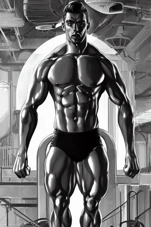 Image similar to gigachad luigi working out in a space gym by ilya kuvshinov, bodybuilder ernest khalimov, super mario bros symmetrical face concept art, hyper realistic, intricate, elegent, highly detailed, digital painting, concept art, smooth, sharp, focus, illustration, art by artgerm and greg rutkowski and alphonse mucha, artstation