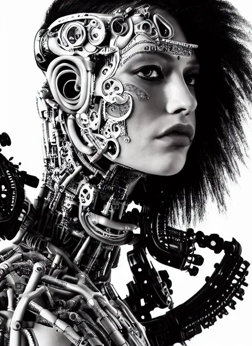 Image similar to a stunning young female cyborg profile face, face is made intricate tribal bio - mechanical, editorial photography, bw, shot on 7 0 mm, depth of field, f / 2. 8, high contrast, 1 6 k, rays of shimmering light, volumetric lighting, shiny, insanely detailed and intricate, hypermaximalist, elegant, ornate, hyper realistic, super detailed