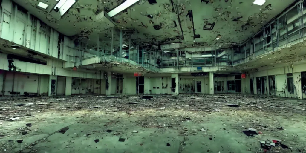 Prompt: abandoned replicant factory in a mall, old distorted camcorder video