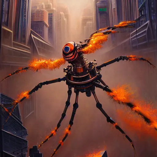 Prompt: beautiful oil painting with high detail of a mechanical spider attacking city and art direction by James Cameron ;by artgerm; wayne reynolds art station; cinematic quality character action render; ultra high quality model; production quality cinema model; flaming plasma aesthetic