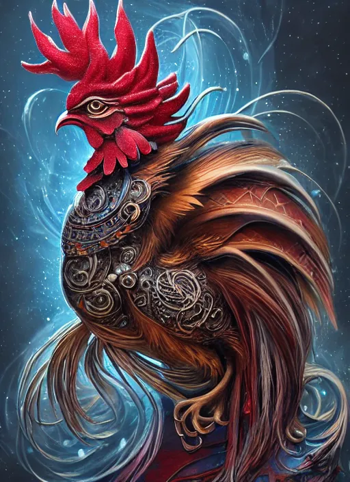 Image similar to a wlop 3 d render of very very very very highly detailed beautiful mystic portrait of a phantom undead rooster with whirling galaxy around, tattoos by anton pieck, intricate, extremely detailed, digital painting, artstation, concept art, smooth, sharp focus, illustration, intimidating lighting, incredible art,