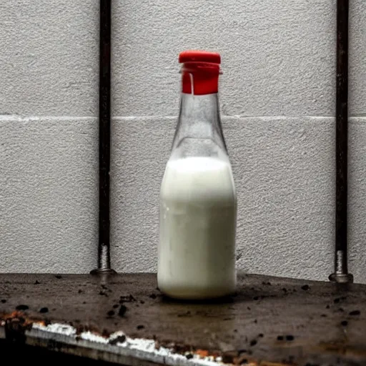 Image similar to bottle of milk, over a rusted metal table inside a jail cell in a slaughterhouse