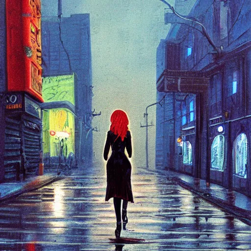 Image similar to girl in leather jacket walking down rainy city street at night, surreal, artwork by Ralph Bakshi