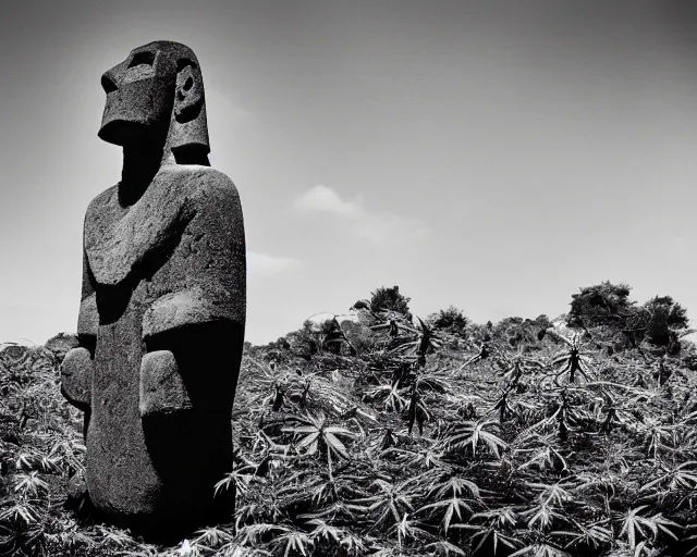 Image similar to black and white noir film. moai, the lords of cannabis. plants everywhere.