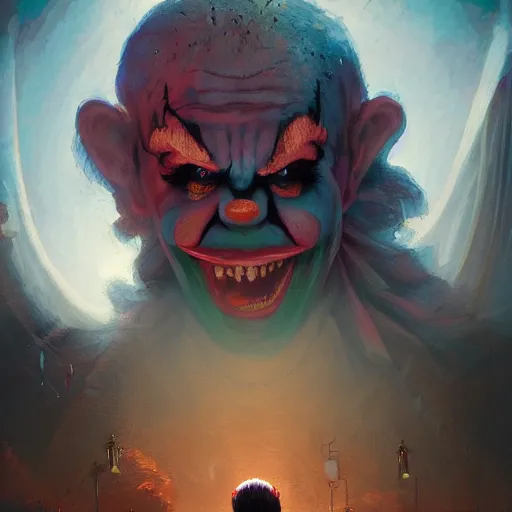 Prompt: portrait of angry clown, atmospheric lighting, painted, intricate, volumetric lighting, beautiful, rich deep colours masterpiece, sharp focus, ultra detailed, in the style of Dan Mumford and marc simonetti, futuristic temple in the background,
