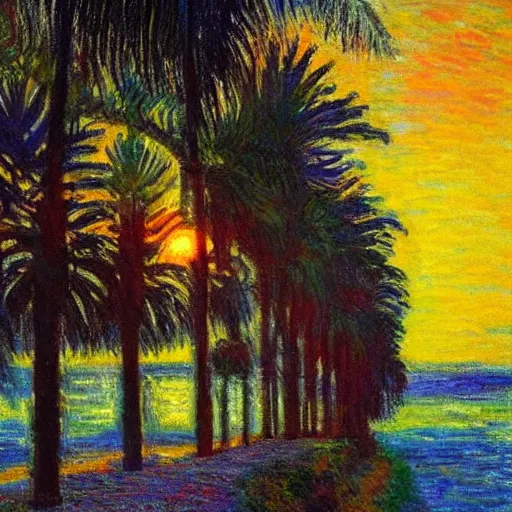 Prompt: A beautiful road with Palm trees on each side, sunset in the style of Monet