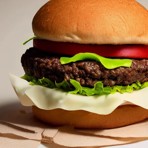 Prompt: The McRubble, new McDonalds Hamburger made from stone. Product Photography, Studio Lighting. Canon 85mm f1.8.