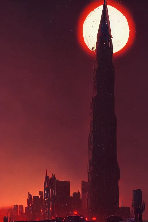 Prompt: wizard tower in downtown chicago, silhouetted by enormous bloodmoon, an epic fantasy, dramatic lighting, cinematic, establishing shot, extremely high detail, photorealistic, cinematic lighting, artstation, by simon stalenhag, horizon forbidden west