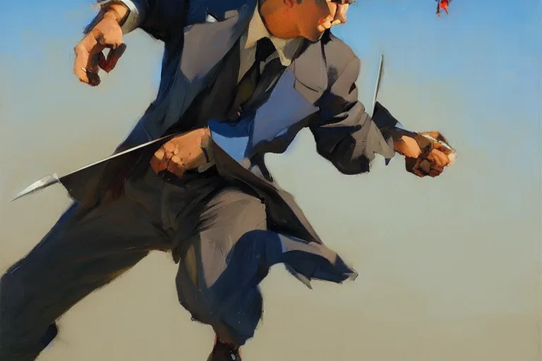 Image similar to greg manchess portrait of throwing knives at a man in a blue suit, profile picture, organic painting, sunny day, matte painting, bold shapes, hard edges, street art, trending on artstation, by huang guangjian, gil elvgren, ruan jia, randy vargas, greg rutkowski