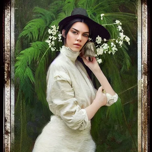 Image similar to happy very thick paint brush strokes paint texture full body fashion model kendall jenner by Jeremy Lipking by Hasui Kawase by Richard Schmid (((smokey eyes makeup eye shadow fantasy, glow, shimmer as victorian woman in a long white frilly lace dress and a large white hat having tea in a sunroom filled with flowers, roses and lush fern flowers ,intricate, night, highly detailed, dramatic lighting))) , high quality