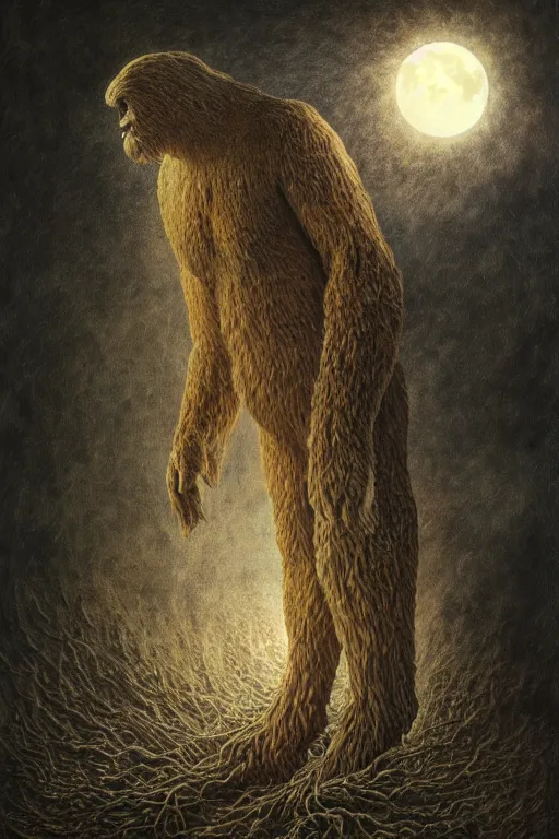 Image similar to Intricate stunning highly detailed Bigfoot by agostino arrivabene and Vladimir Kush, surreal, digital painting, ultra realistic, Horror vacui, dramatic lighting, full moon, thick black swirling smoke tornado, burning fire embers, artstation