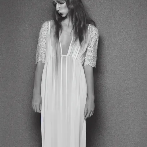 Image similar to sheer dress with plunging neckline and lace sleeves. award-winning fashion photography. intimate and vulnerable lighting. JUST THE DRESS. THERE IS NO HUMAN IN THIS IMAGE. PHOTOGRAPHY OF THE CLOTHES ONLY 130mm bw fashion photography.