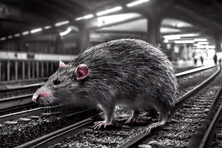 Prompt: very large giant mutant zombie irradiated angry rat sraying on railways in tonnel of moscow subway. extreme high detail. low dark light, scary atmosphere.