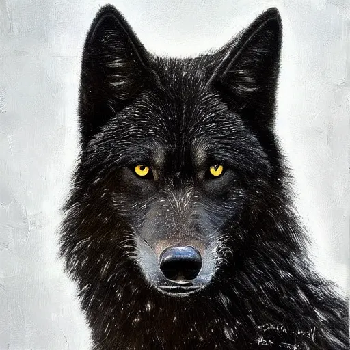 Image similar to Detailed portrait of a beautiful black wolf, dramatic lighting, dark background, bokeh, hyper realistic, HD, oil on canvas