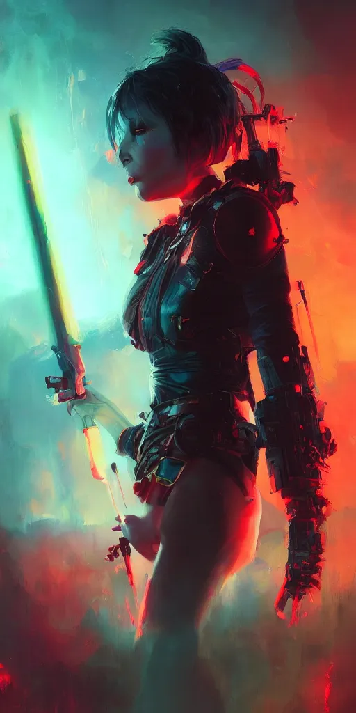 Prompt: A beautiful colorful portrait of a gothic warrior Girl, oil painting, final fantasy, Greg Rutkowski, Ilya Kuvshinov, blade runner, star wars, unreal 5, hyperrealistic, octane render, fullbody , dynamic lighting, fantasy art, Kilian Eng