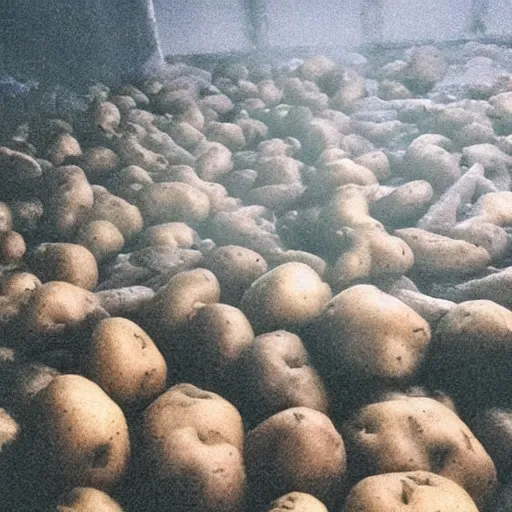 Prompt: Beautiful Liminal Grainy foggy disposable-camera Photograph of a infinite infinite infinite Town with many potatoes potatoes potatoes potatoes on the floor