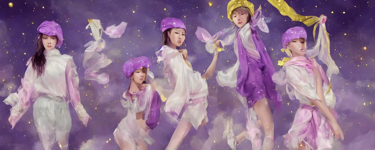 Image similar to Full View of a mysterious kpop fairy girl group with short blond hair wearing an oversized purple Beret, Baggy Purple overall shorts, Short Puffy pants made of silk, silk shoes, a big billowy scarf, Golden Ribbons, white leggings Covered in stars. Short Hair. peasant magic. masterpiece 4k digital illustration by Ruan Jia and Mandy Jurgens and Artgerm and william-adolphe bouguereau, award winning, Artstation, art nouveau aesthetic, Alphonse Mucha background, intricate details, realistic, panoramic view, Hyperdetailed, 8k resolution, intricate art nouveau