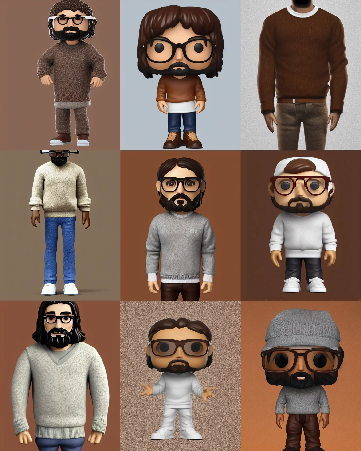 Prompt: full body 3d render of jesus wearing tobacco brown sweater, solid crew-neck white collar, glasses, as a full body funko pop!, studio lighting, grey background, single body, no shadow, blender, trending on artstation, 8k, highly detailed