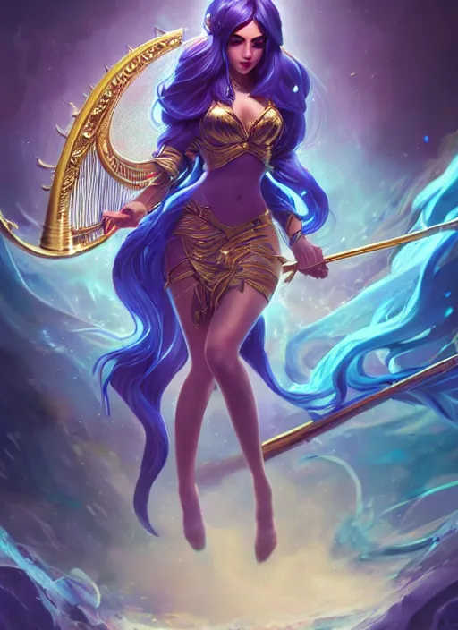 Image similar to sona, from league of legends, with an harp, hyper detailed, digital art, trending in artstation, cinematic lighting, studio quality, smooth render, unreal engine 5 rendered, octane rendered, art style by klimt and nixeu and ian sprigger and wlop and krenz cushart