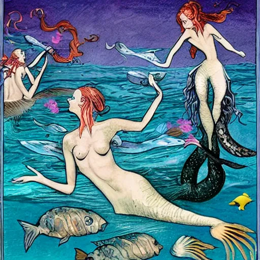Image similar to beautiful deadly mermaids drowning sailors and eating them. Horror