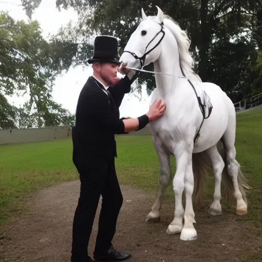 Prompt: stage magician turning his assistant into a white horse