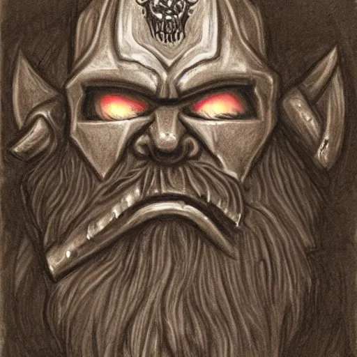 Image similar to chaos dwarf smith from warhammer fantasy : : head and torso portrait drawing