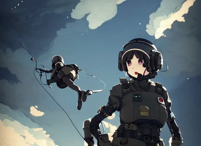 Prompt: portrait of pilot girl parachuting behind enemy lines, black sky background, chaotic landscape, illustration concept art anime key visual trending pixiv fanbox by wlop and greg rutkowski and makoto shinkai and studio ghibli and kyoto animation, kaki body suit, wires, odst, oxygen mask, military gear, grimdark, volumetric lighting