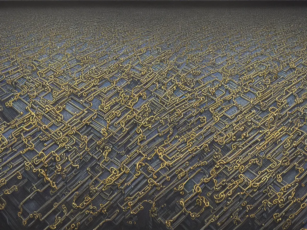 Prompt: A beautiful hyper realistic detailed painting of a chain of blocks, a cybernetic symbiosis of 2 gigantic tall skyscaper sized quantum computers and a block espresso machine on a vast black granite, monolithic blocks connected by gold and silver and brass cables and chains, by Beksinski, beeple, unreal engine, vivid color hues