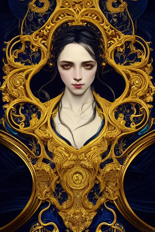 Image similar to beautiful black blue yellow, complicated gold and blue flowers the baroque style decoration, dark fantasy, intricate, elegant, highly detailed, digital painting, artstation, concept art, matte, 3 d 8 k octane rendered, sharp focus, illustration, octane rendered, art by artgerm and alphonse mucha, leesha hannigan