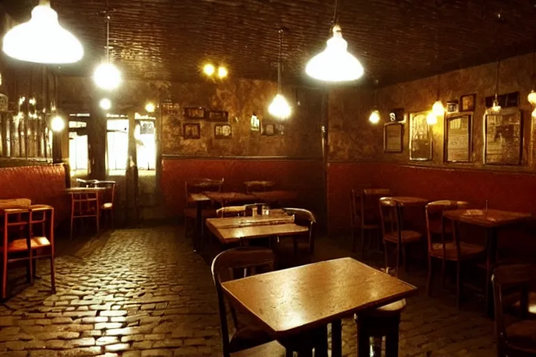 Prompt: belarussian cafe, state of melancholy, romantic, dimmed lights, realistic