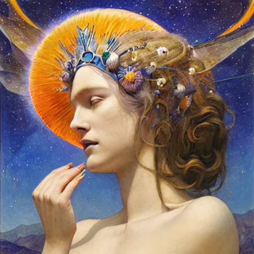 Image similar to queen of the moon with stars in her hair, by annie swynnerton and tino rodriguez and nicholas roerich and jean delville and donato giancola and tom bagshaw and evelyn demorgan and diego rivera, dramatic lighting, god rays, geometric tattoos, rich colors, smooth sharp focus, extremely detailed, adolf wolfli