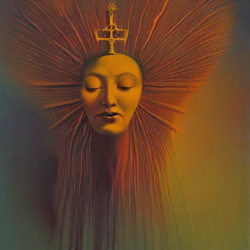 Image similar to the queen of the sun by salvador dali and zdzisław beksiński, oil on canvas