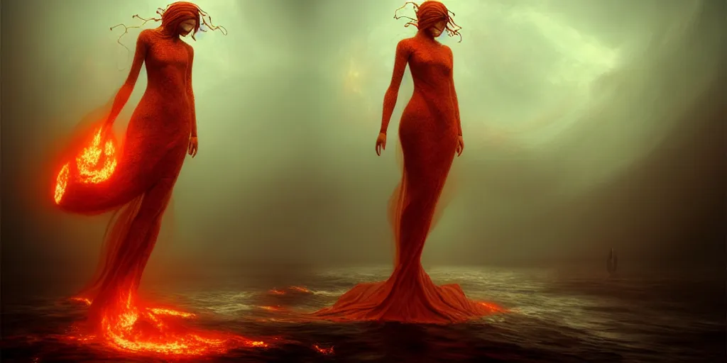 Image similar to Dressed body that turns into a turbulent ocean catching bloody fire, concept art, art nouveau, inspired by Reylia Slaby, Peter Gric, Andrew Ferez, trending on artstation, volumetric lighting, intricate, ornate, CGsociety